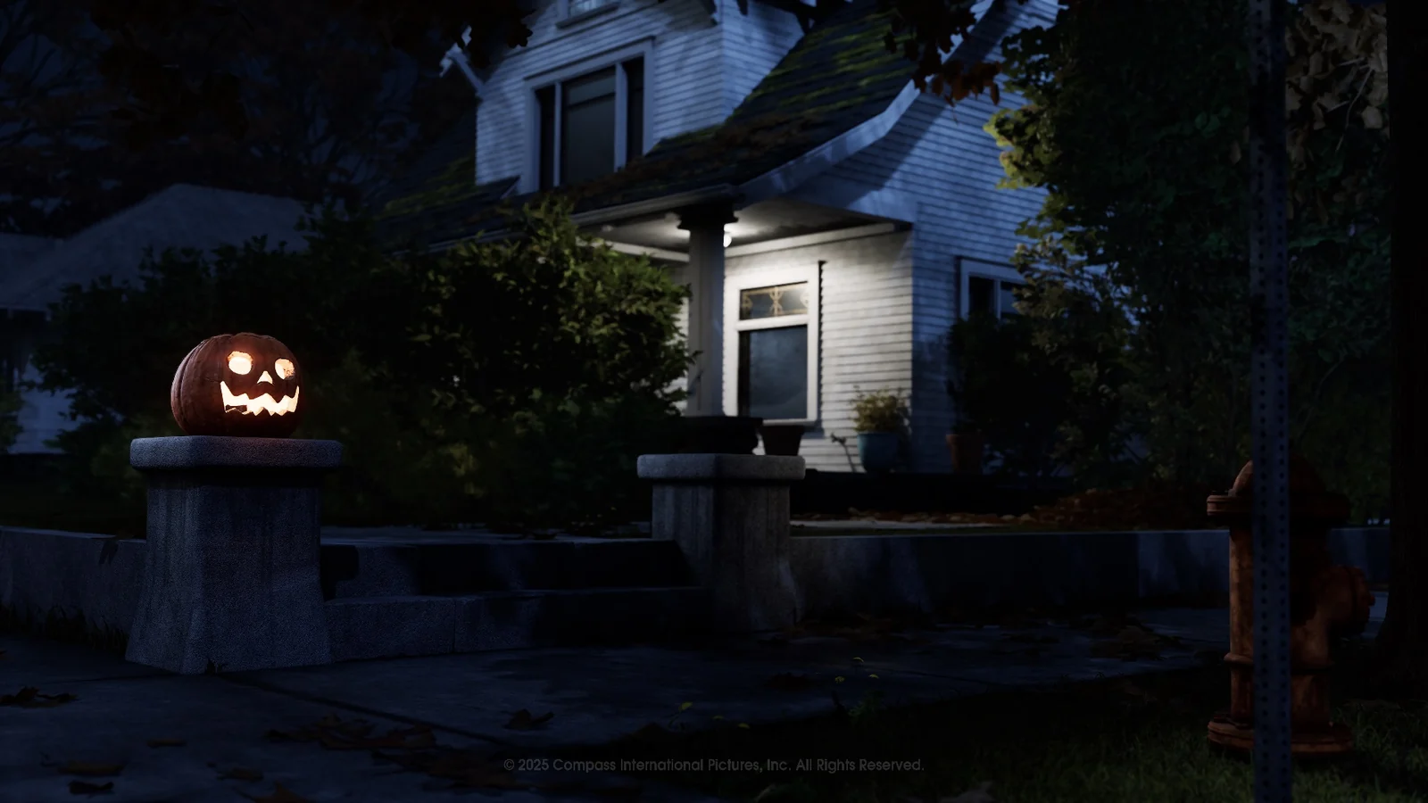 A glowing jack-o'-lantern outside a house in the official Haddonfield Heights map screenshot