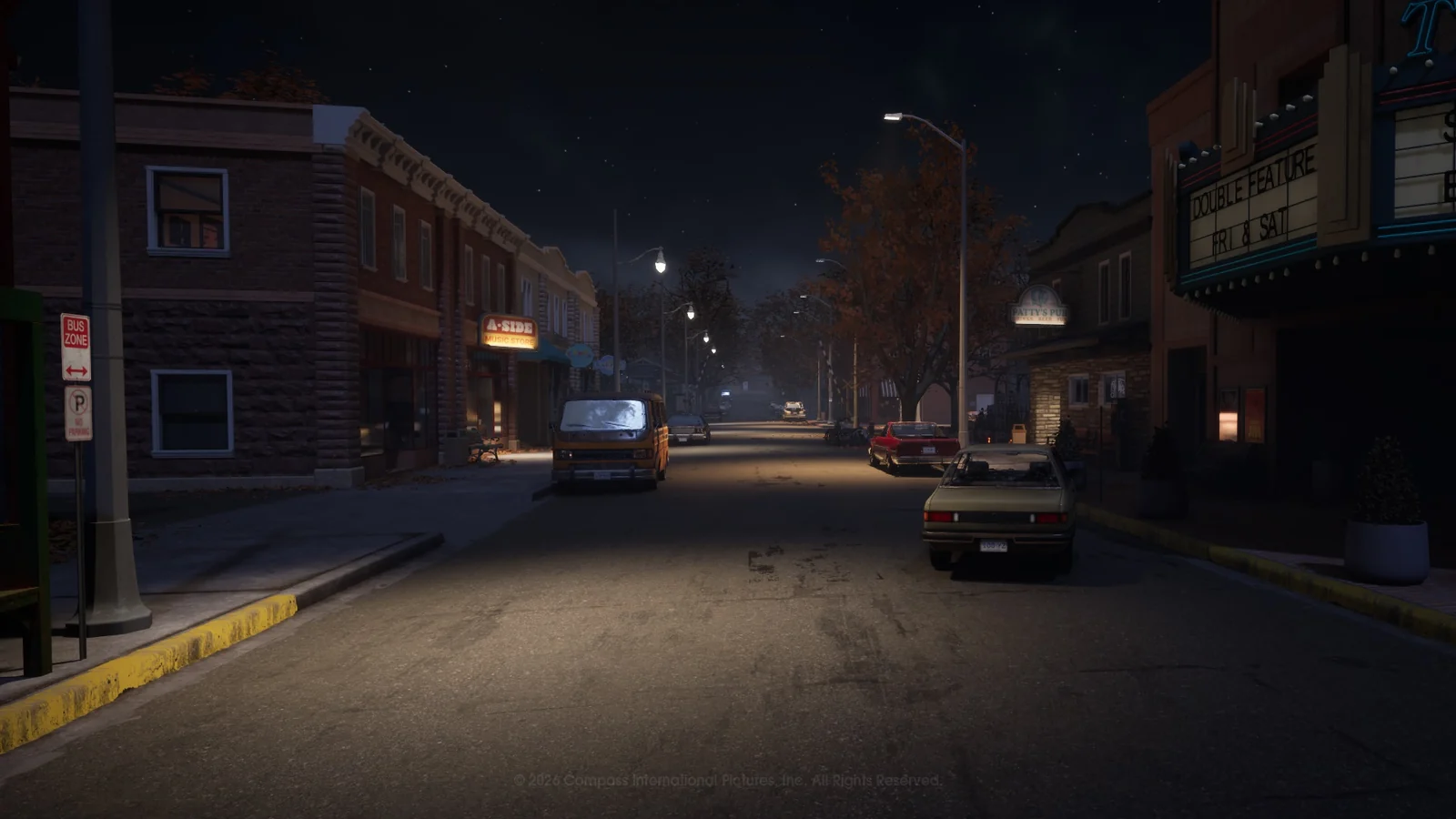 A-Side Music Store and Patty's Pub on a nighttime street in the official Haddonfield Town Center screenshot